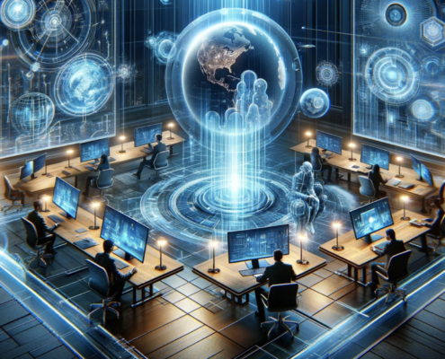 An image that depicts a more advanced futuristic theme, showcasing a digital world with sophisticated virtual translucent elements for a remote work setup.